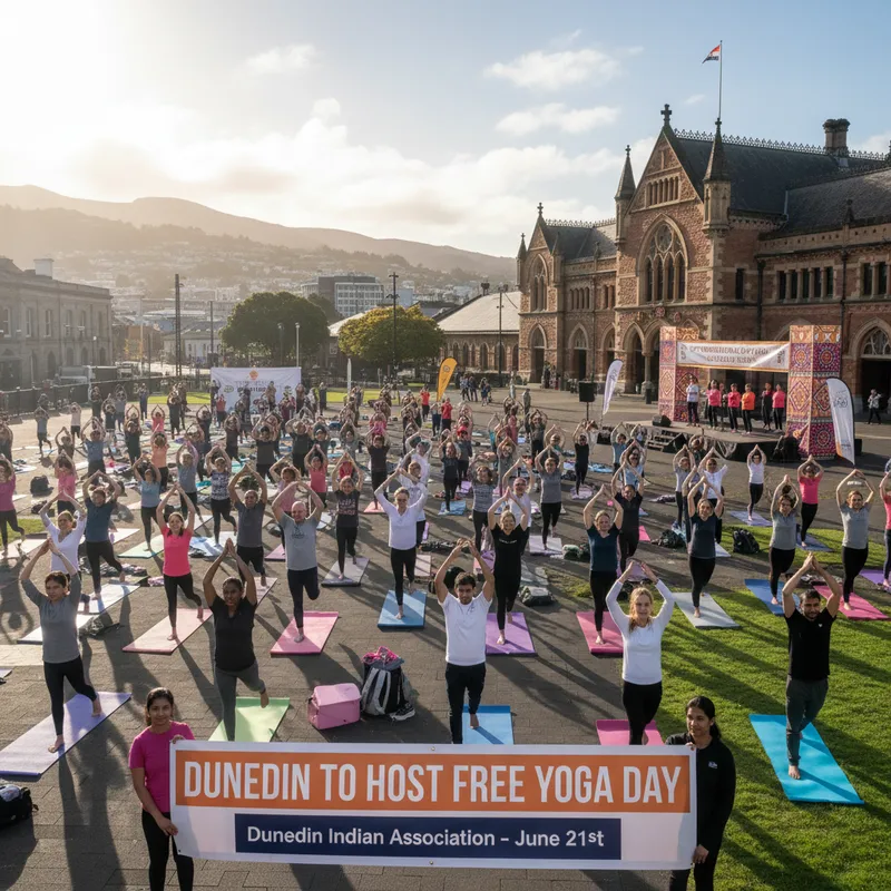 People practicing yoga outdoors in a park with a building in the background, celebrating International Day of Yoga.
