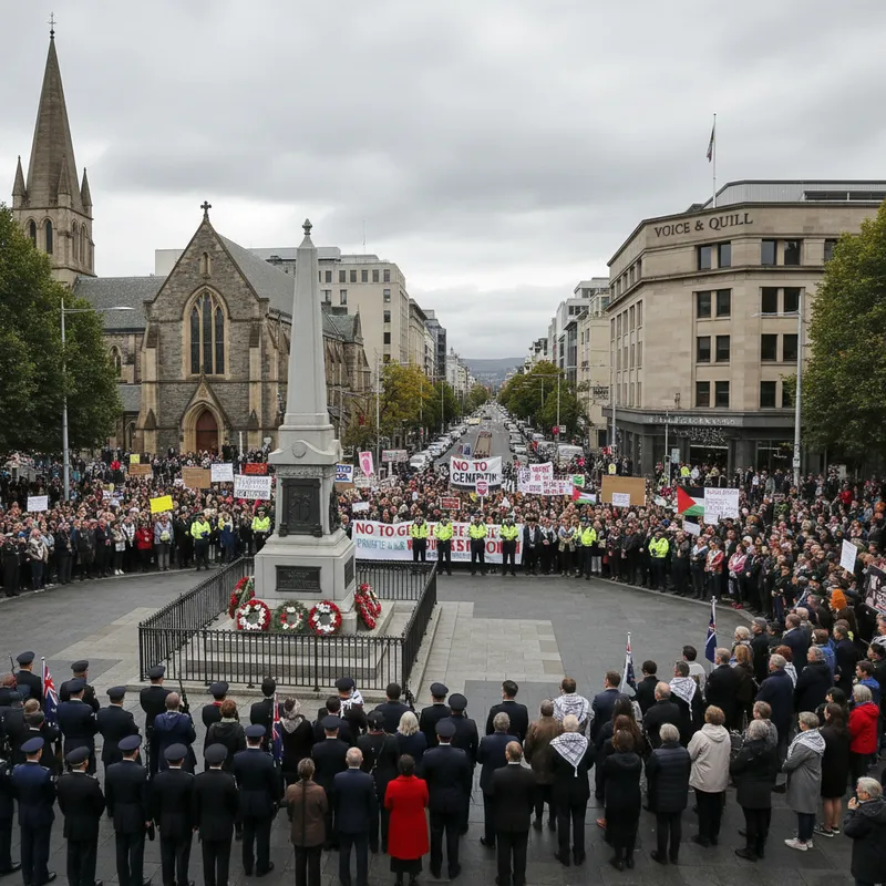 Thousands protest during Anzac Day commemorations in Dunedin, with city also hosting remembrance events.