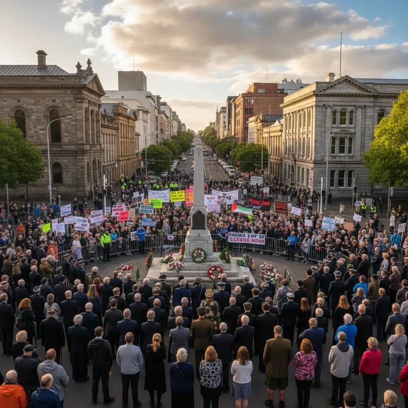 Thousands in Dunedin gather for Anzac Day commemorations amidst active protests for and against gender legislation and the war in Gaza.