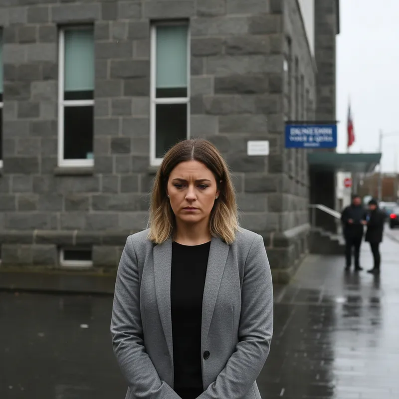 Dunedin courtroom scene with a woman facing away, natural lighting, realistic setting portrays the legal aftermath.