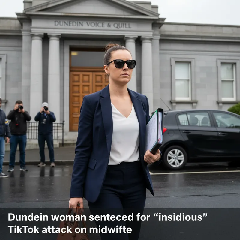 Realistic news photo of a Dunedin woman in a room, accused of a TikTok attack.