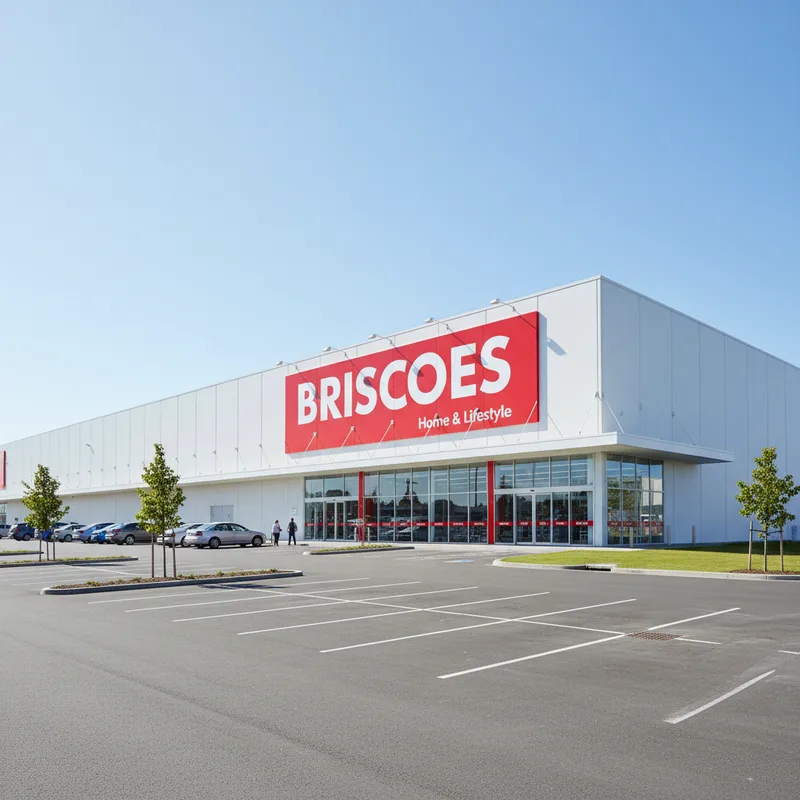 The storefront of the large Briscoes homeware store on Crawford Street in Dunedin, with its prominent red and white branding under a clear sky.