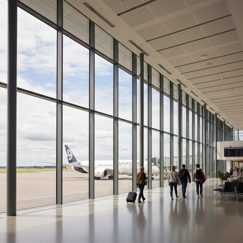 The modern terminal of Dunedin Airport, showing the check-in area and large windows overlooking the tarmac where a plane is parked.