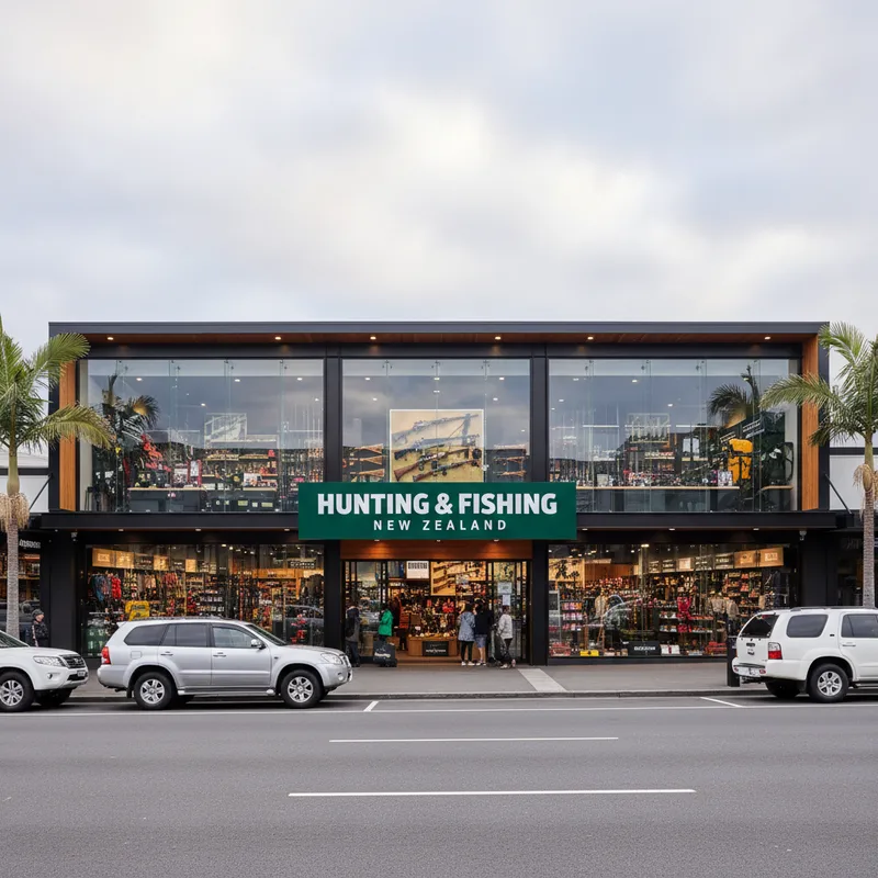 The storefront of Hunting & Fishing New Zealand on Crawford Street in Dunedin, showing its entrance and large display windows under a clear sky.