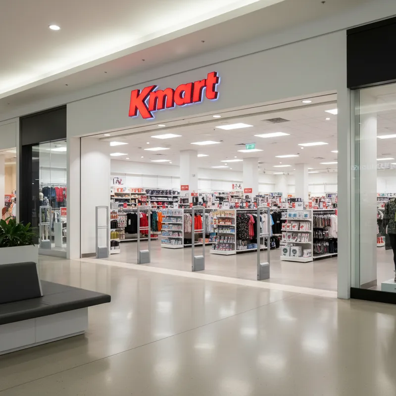 The bright, wide entrance to the Kmart department store inside Dunedin's Meridian Mall, with the iconic red circular logo displayed prominently.