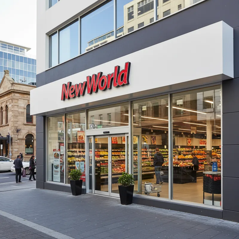 The modern storefront of New World Centre City supermarket on Great King Street in Dunedin, with its prominent red logo and large glass entrance.