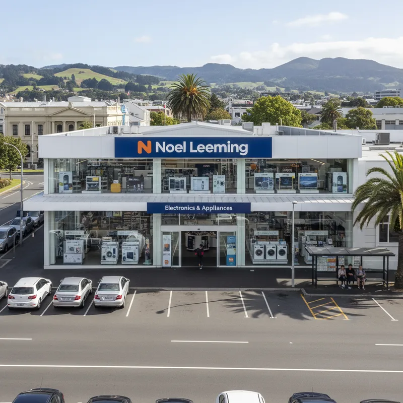 The storefront of the Noel Leeming electronics store on Crawford Street in Dunedin, with its clear branding, glass entrance, and a view of the street outside.
