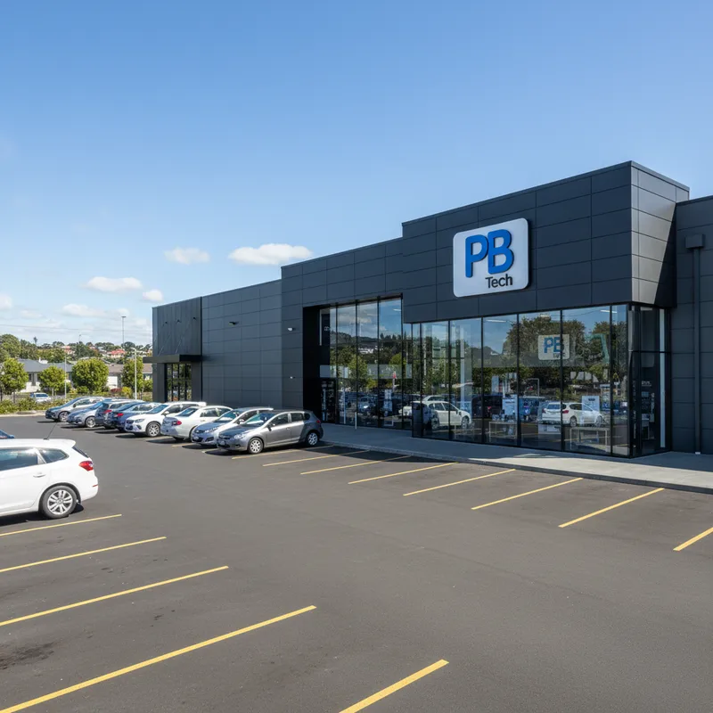 The storefront of the large PB Tech building on Hillside Road in South Dunedin, with clear signage and customer parking available in front.