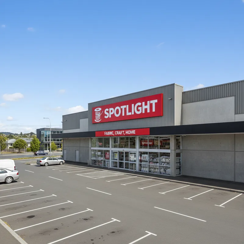 The entrance and exterior of the Spotlight Dunedin store, a large retail building located on Vogel Street in Dunedin, New Zealand, with clear branding visible.