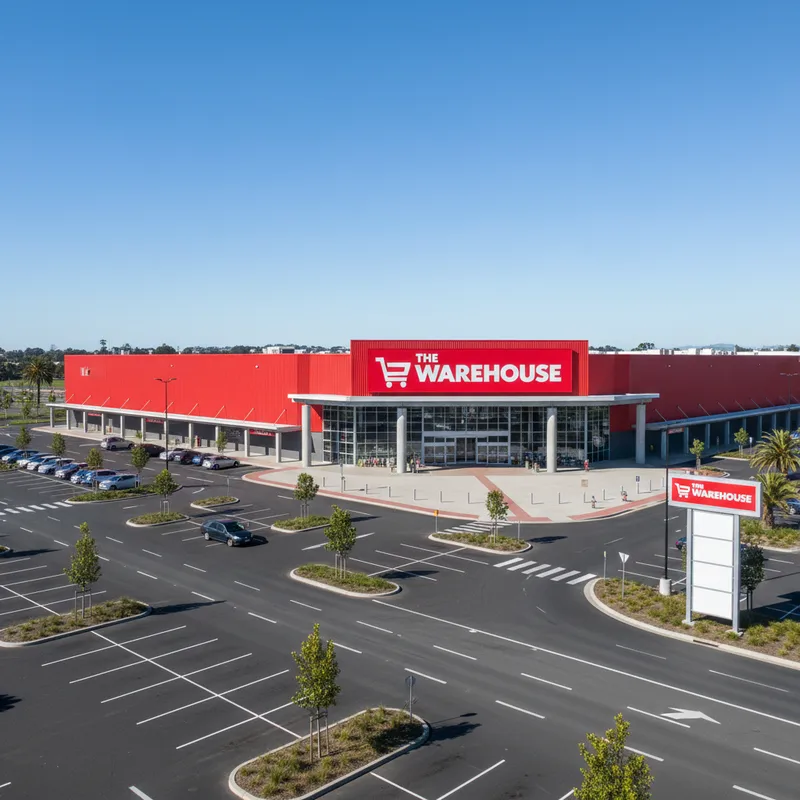 The storefront of The Warehouse in South Dunedin, showing the large red entrance and signage on a clear day, with the carpark in front.