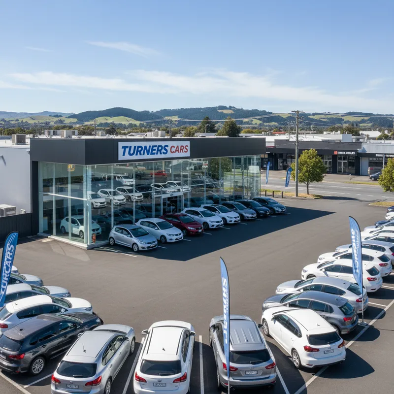 The storefront of Turners Cars Dunedin, a large used car dealership on Anzac Avenue, showing the main entrance and rows of vehicles for sale on the lot.