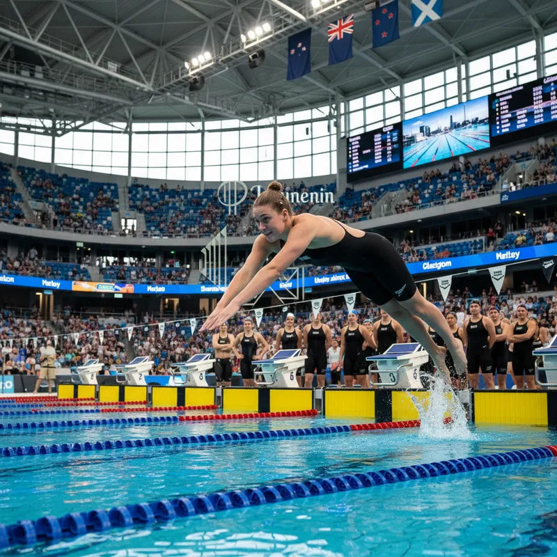 Swimmer Erika Fairweather in action, competing in a dynamic stadium setting during a race