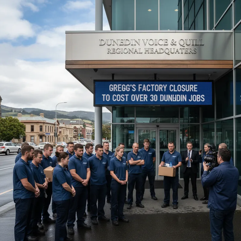 Modern office building exterior, Gregg's coffee factory in Dunedin, symbolizing local job losses from closure.
