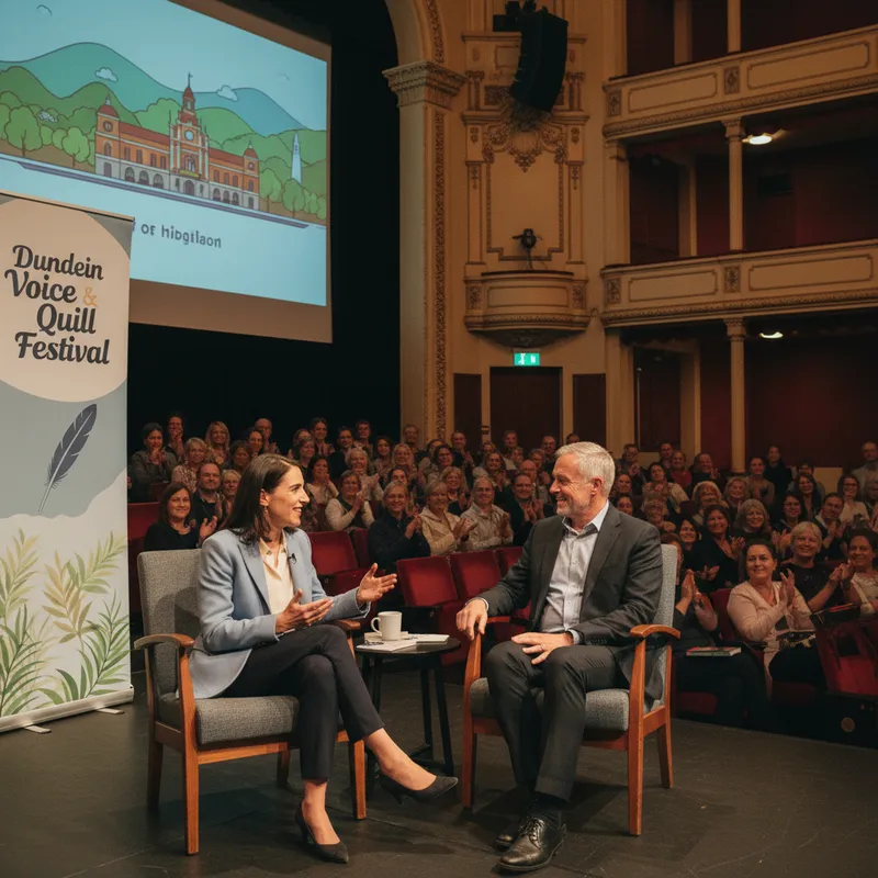 Jacinda Ardern and Grant Robertson on a stage in the Dunedin Voice & Quill region, warmly lit.