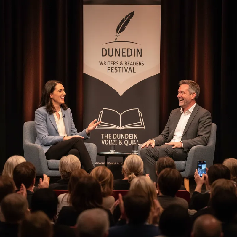 Jacinda Ardern and Grant Robertson speaking together on a stage in Dunedin.