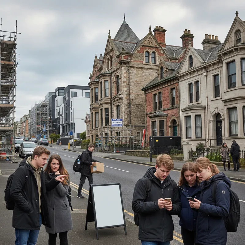Wide shot of Dunedin urban landscape showing housing with the Dunedin Voice & Quill region in a photorealistic style.
