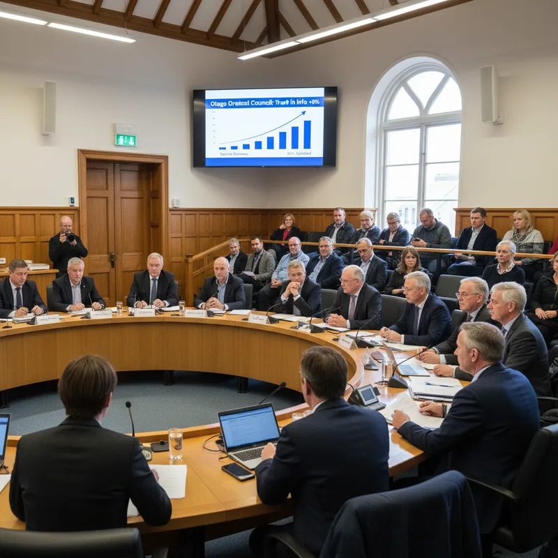 Otago Regional Council chambers during a meeting, with councillors seated and public gallery visible. — The Dunedin Voice & Quill