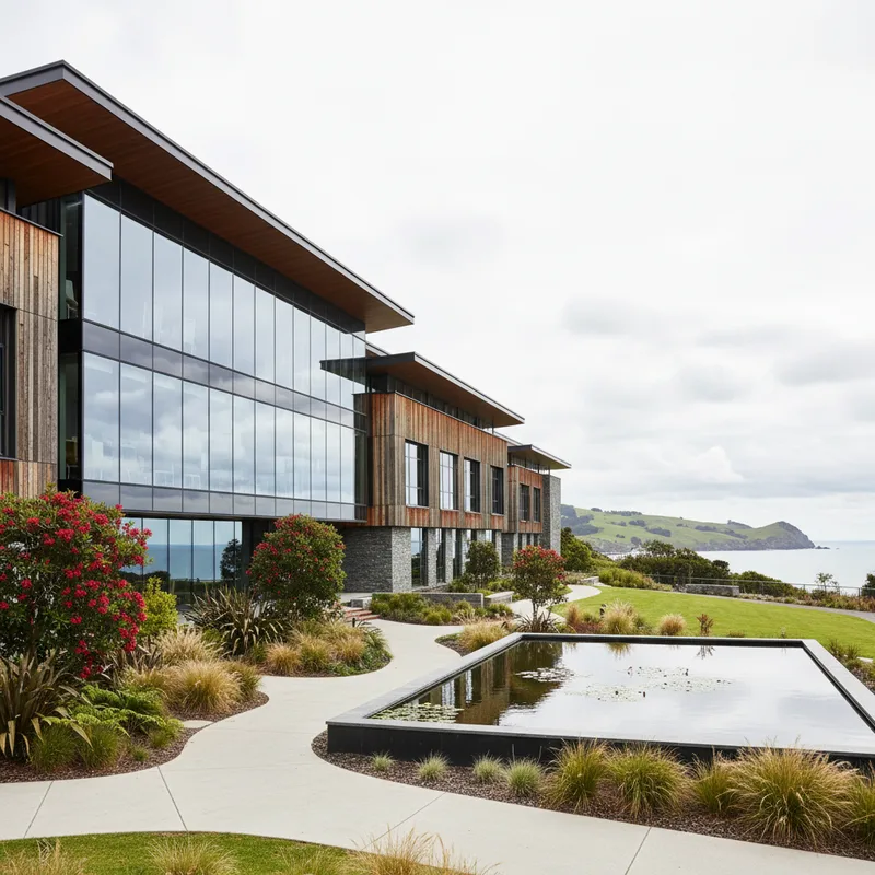 Modern building exterior with landscaped grounds, architectural photography, realistic setting, no people.