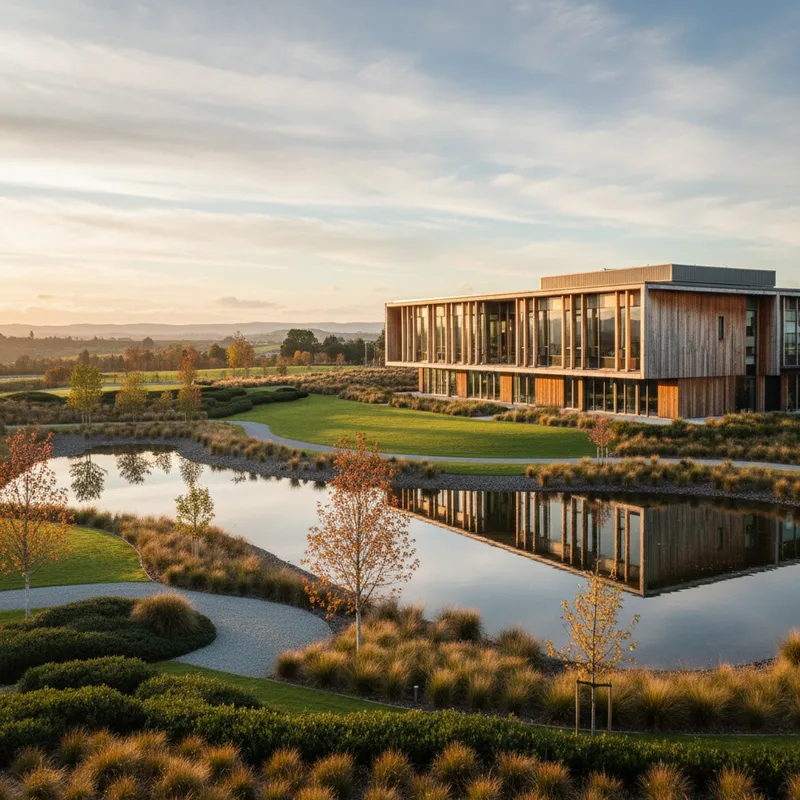 Modern building exterior of Otago Boys' High School with landscaped grounds, architectural photography style.