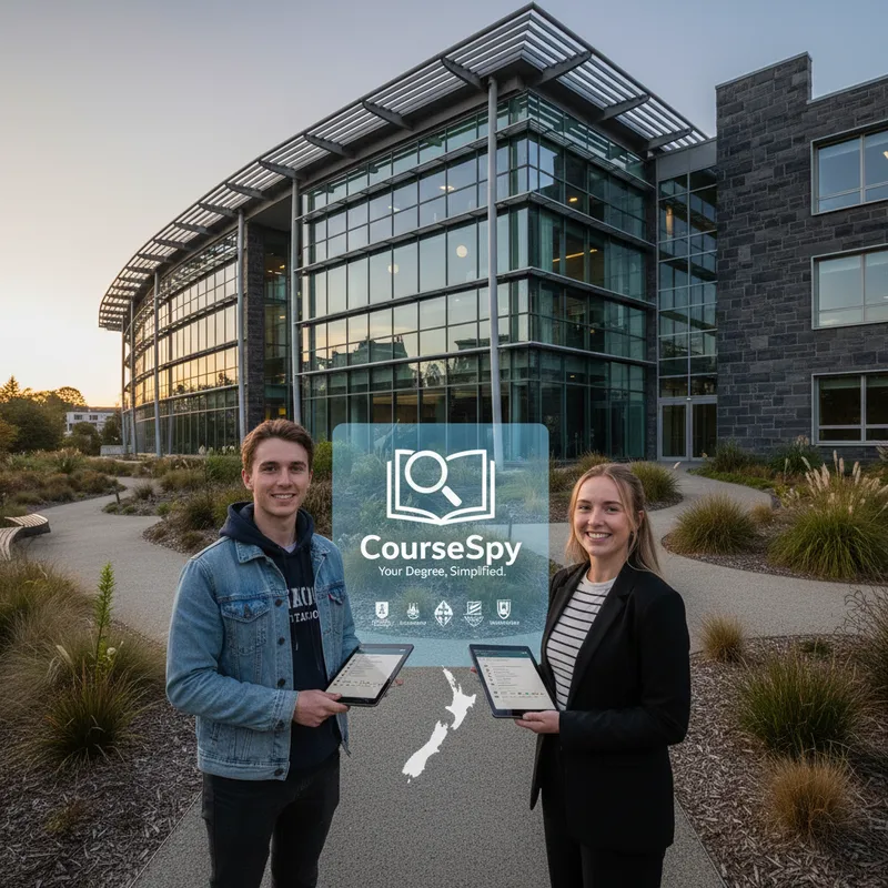 University of Otago students standing outside, with a modern building and landscaped grounds in the background.