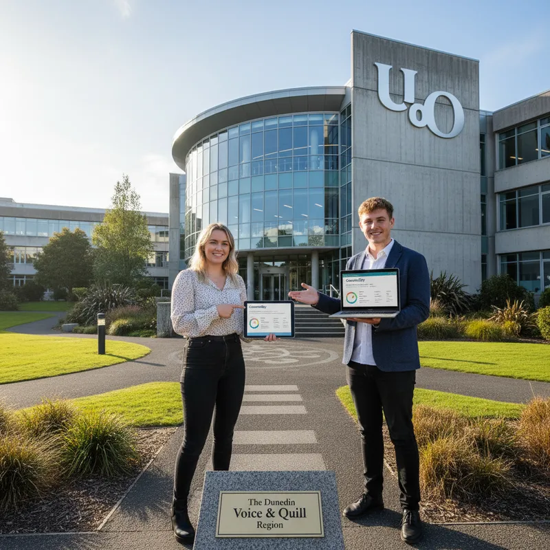 University of Otago students standing outside a modern building with landscaped grounds.
