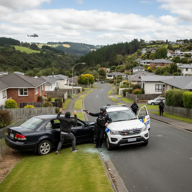 Police car in pursuit of a suspect vehicle down a suburban street in Dunedin, with natural lighting.