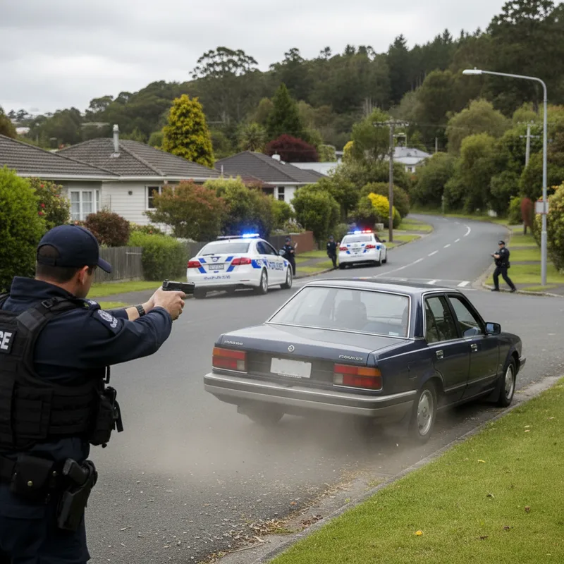 Police car in pursuit with siren lights on, driver arrested after manhunt.