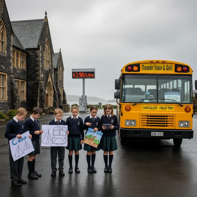 Dunedin students stand near a school bus, contemplating travel changes due to high fuel costs.