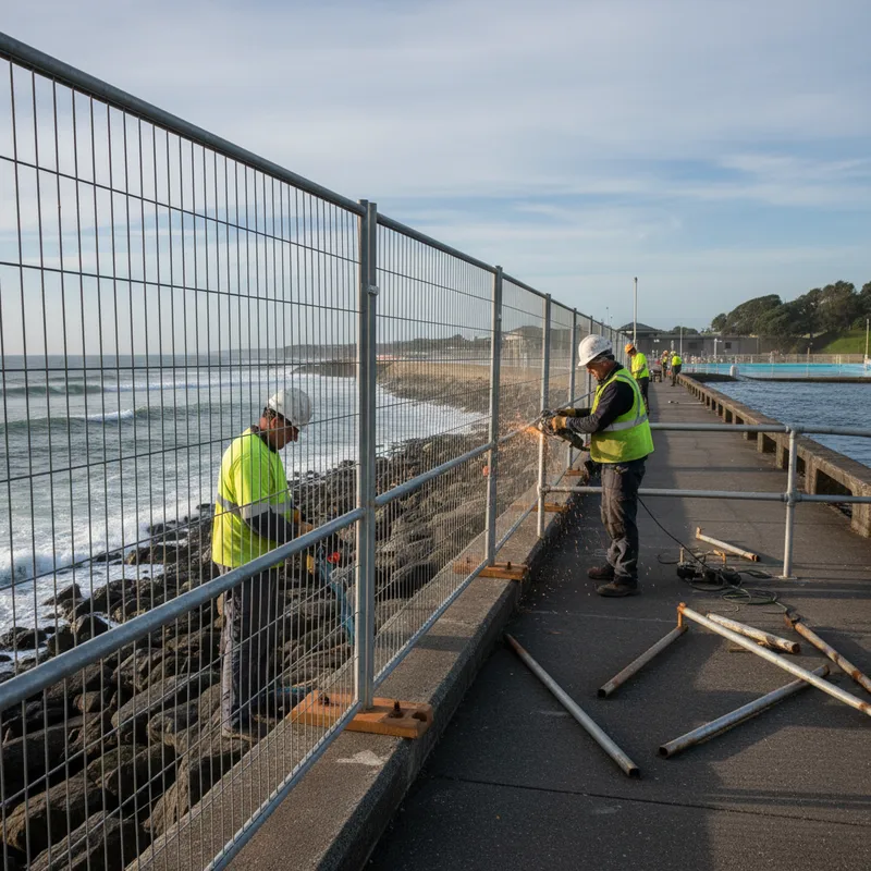 Workers in high-visibility vests replace sections of a metal handrail along a coastal walkway with temporary fencing in place.
