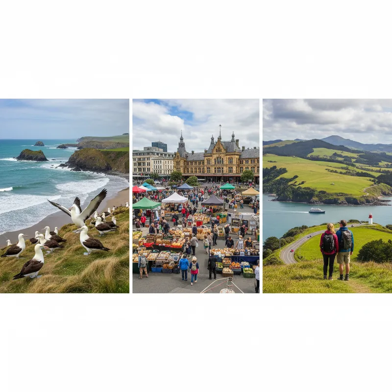 Photorealistic scene of Dunedin's scenic coastline with lush green hills meeting a rugged shore under natural light.
