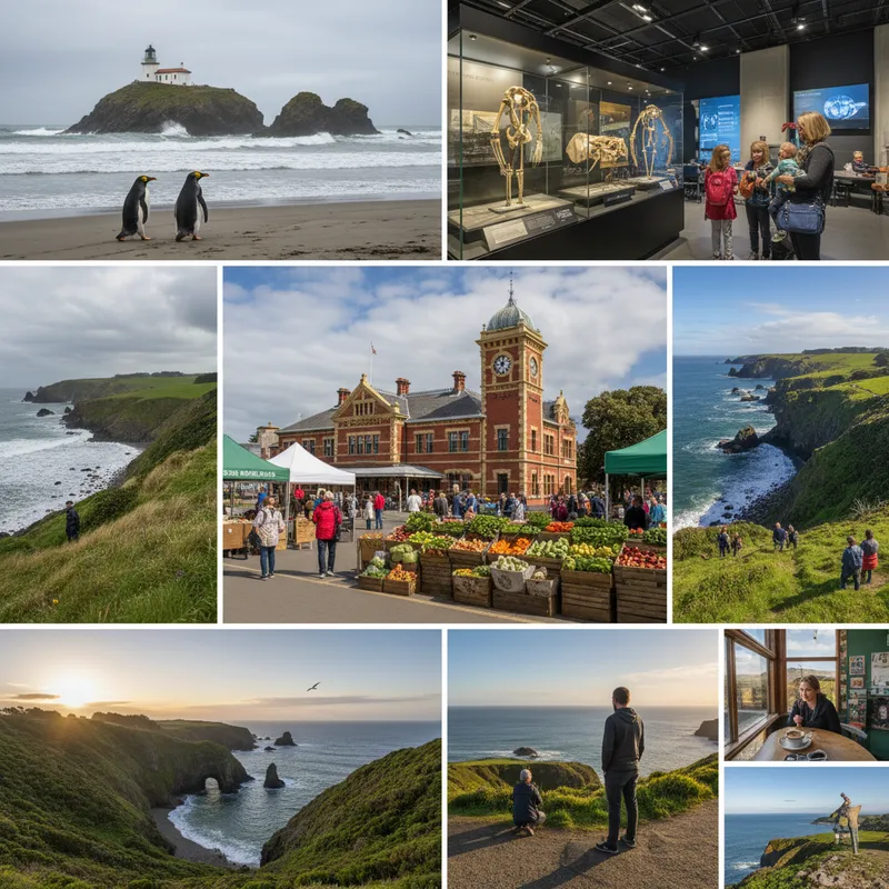 Photorealistic regional news photograph showcasing Dunedin's diverse attractions, from coastal scenery to cultural landmarks.