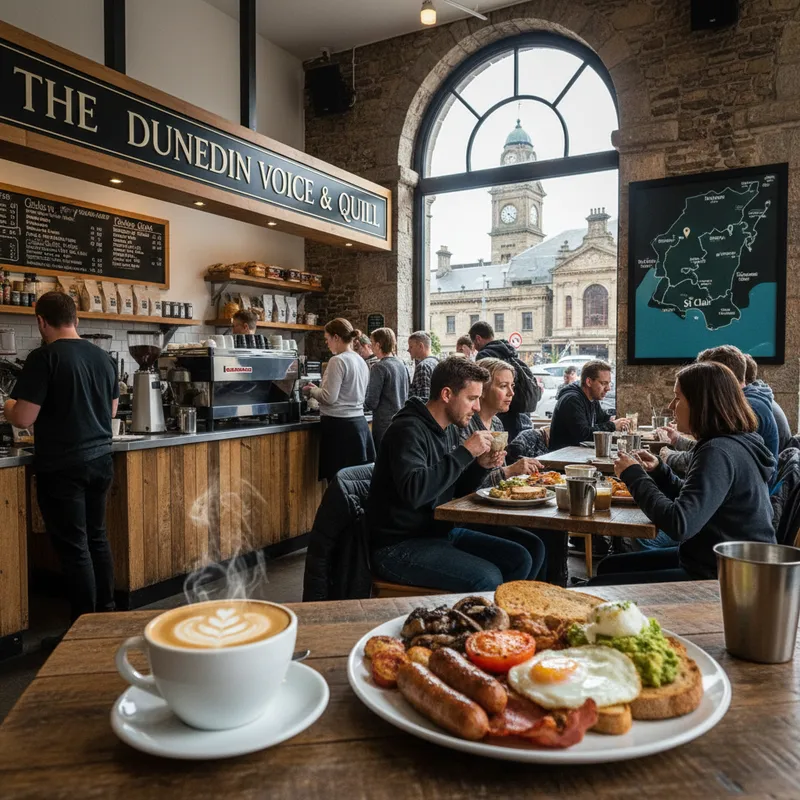 A Dunedin cafe interior with natural light, showcasing a coffee cup and a hearty meal.