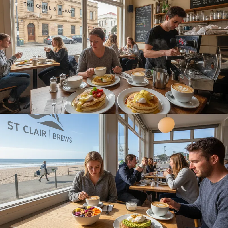 A photorealistic indoor cafe scene in Dunedin with natural lighting, showcasing coffee and meals.