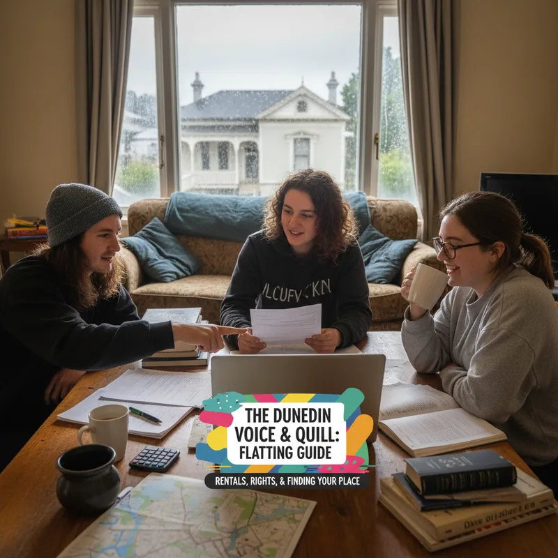 Students looking for shared housing in Dunedin, with housing and rights information visually represented.