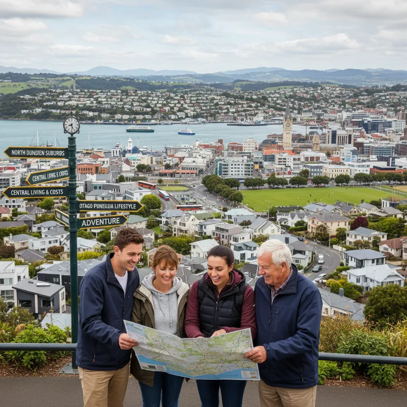 Photorealistic photograph of Dunedin cityscapes with residential areas, showcasing the lifestyle and suburbs for potential movers.