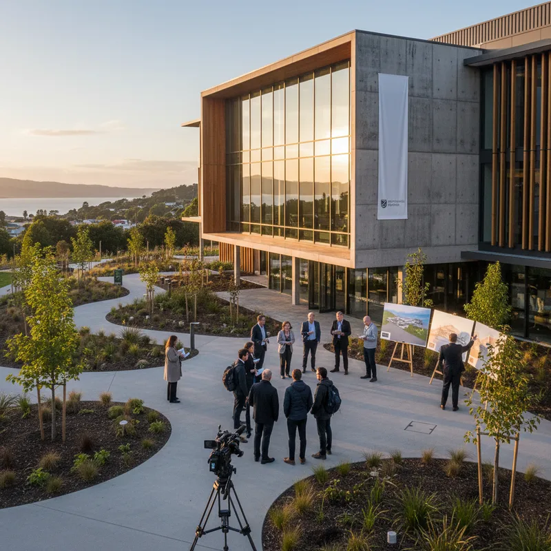 Modern University of Otago campus buildings with landscaped grounds in Dunedin, New Zealand.