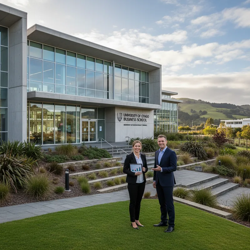 Modern building exterior with landscaped grounds at the University of Otago Business School in Dunedin.