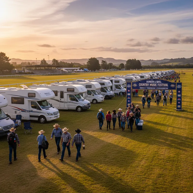 Rows of campervans parked at Wingatui racecourse, festivalgoers walk towards the entrance for the country music festival.