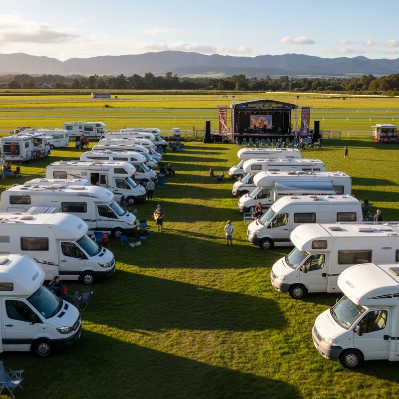 Rows of campervans at Wingatui racecourse with a festival stage visible in the distance.
